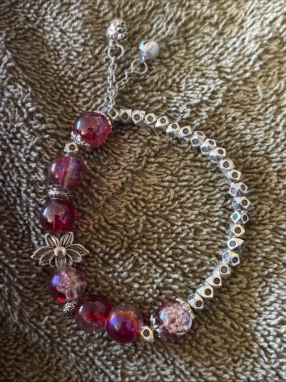 Silver and Deep Pink Beaded Women's Bracelet